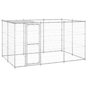 Outdoor Dog Kennel Galvanized Steel with Roof 78.1 ft² (Color: Silver)