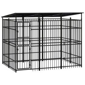 Outdoor Dog Kennel with Roof Steel 59.5 ft² (Color: Black)